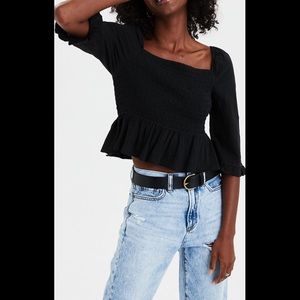 🆕 American Eagle Black Ruffle Sleeve Smocked Tee